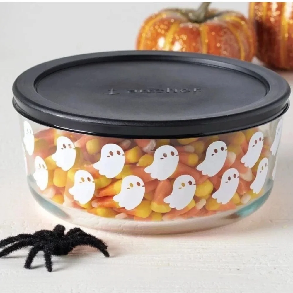 Anchor Hocking Halloween 7 Cup Bowl Black Lid Ghost Glass Storage Container USA